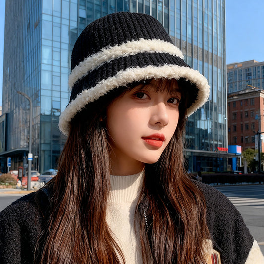 流行帽子｜2025新款大頭圍帽子女保暖漁夫帽護耳百搭針織帽韓版戶外條紋盆帽「C2621A」25.10-3
