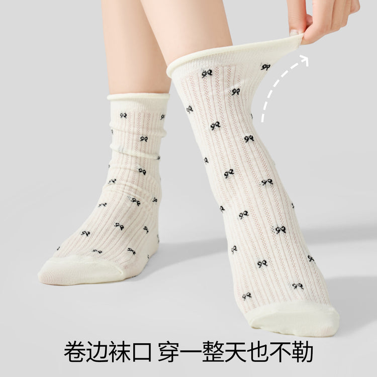 女襪｜蝴蝶結襪子女彈力卷邊網眼透氣中筒襪棉質吸汗親膚舒適襪子「JFT25822」25.07-3