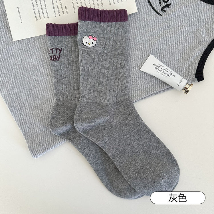 女襪｜卡通後跟AB刺繡襪子女ins潮學院風撞色中筒襪棉質吸汗透氣運動襪「XHS25107」25.09-4