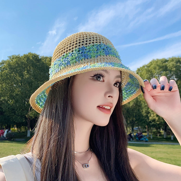 流行帽子｜夏季新款鏤空透氣帽子女編織草帽遮陽沙灘水桶帽海邊太陽帽子批發「C5038」25.05-2