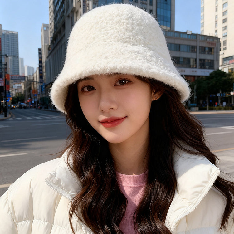 流行帽子｜秋冬新款帽子女純色簡約漁夫帽戶外百搭顯臉小羊毛盆帽保暖水桶帽「C5894」25.12-2