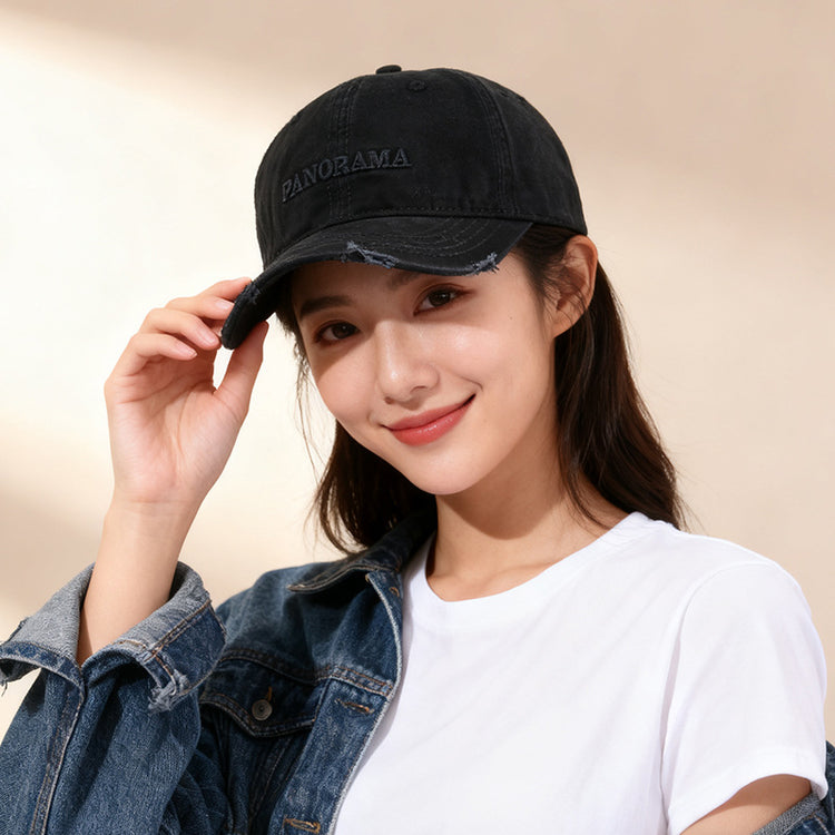 流行帽子｜美式復古字母刺繡磨邊棒球帽子女戶外遮陽大頭圍顯臉小鴨舌帽男潮「C5772」25.11-2