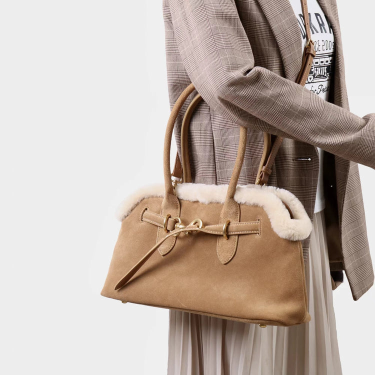 質感真皮｜2025新款復古磨砂毛絨拼接手提包大容量通勤腋下包女包包小眾設計「8358」25.11-3