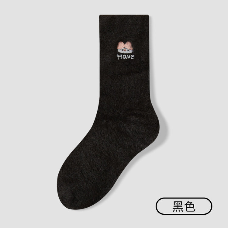 女襪｜水貂絨襪子女冬季加絨加厚居家保暖地板襪卡通刺繡親膚舒適堆堆襪「YM1159」25.11-1