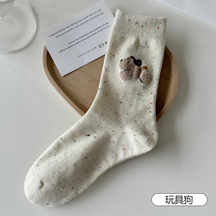 女襪｜點子紗襪子女棉質吸汗透氣彈力無骨中筒襪毛絨卡通親膚舒適堆堆襪「HC5202」25.07-5