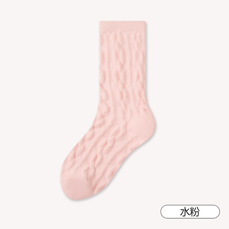 女襪｜澳絨睡眠襪子女冬季加厚保暖中筒襪糖果色麻花紋理居家蓄熱地板襪「TM3599」25.12-1