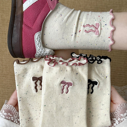 女襪｜木耳花邊襪子女刺繡蝴蝶結點子紗中筒襪棉質吸汗透氣堆堆襪「HC5203」25.07-5