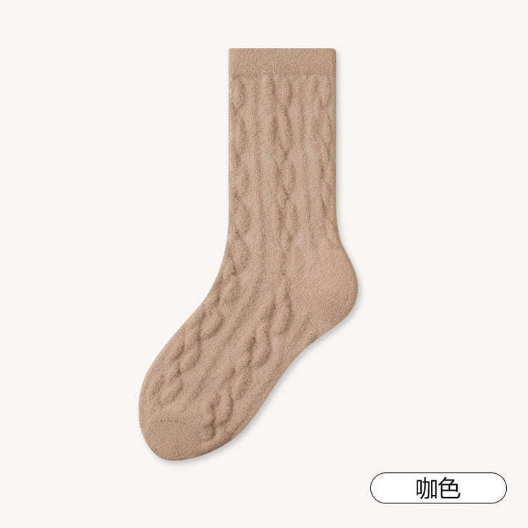 女襪｜澳絨睡眠襪子女冬季加厚保暖中筒襪糖果色麻花紋理居家蓄熱地板襪「TM3599」25.12-1