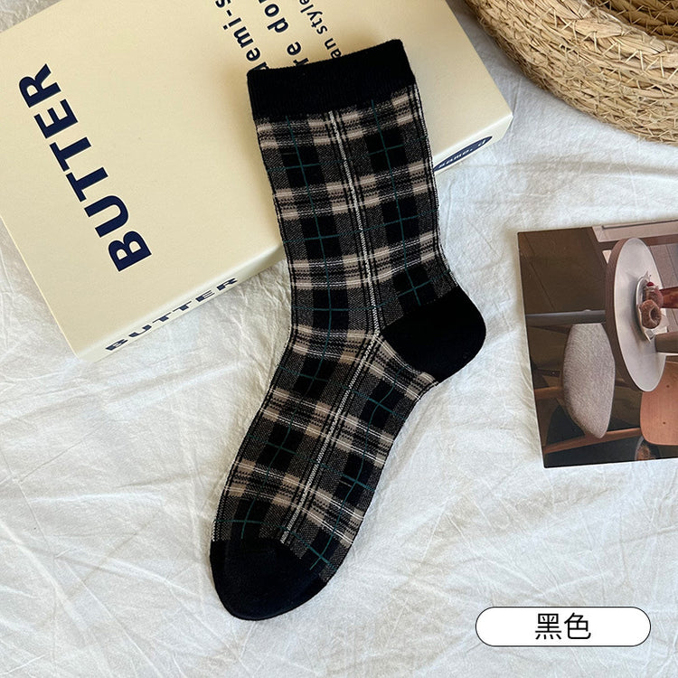 女襪｜復古格子襪子女ins潮學院風甜美百搭中筒襪棉質吸汗透氣堆堆襪「CX805」25.10-1