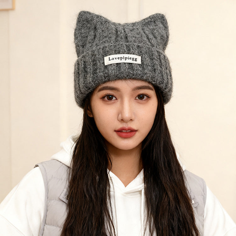 流行帽子｜貓耳朵帽子女秋冬韓系大頭圍可愛保暖針織帽護耳顯臉小毛線冷帽潮「C5838」25.11-3