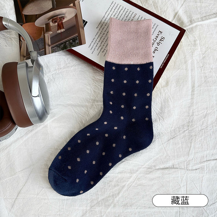 女襪｜襪子女士經典撞色波點個性復古堆堆襪秋冬季保暖學院風中筒襪「YJ23128」25.10-1
