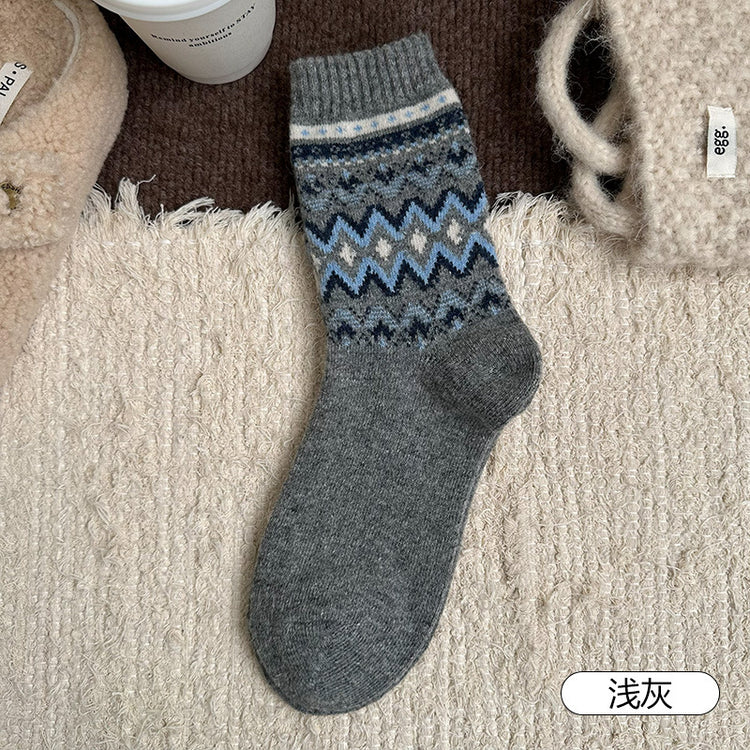 女襪｜費爾島復古羊毛襪子女秋冬季加厚保暖堆堆襪日系文藝彈力中筒襪「TM3741」25.11-3