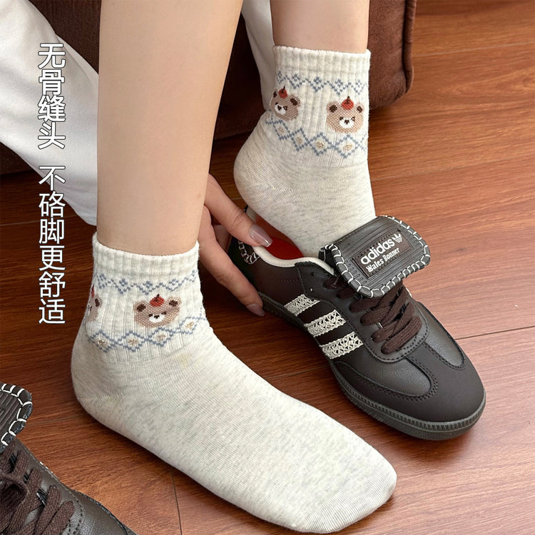 女襪｜費爾島小熊襪子女棉質吸汗透氣彈力無骨短襪學院風通勤好搭休閒襪「XC2321」25.08-2