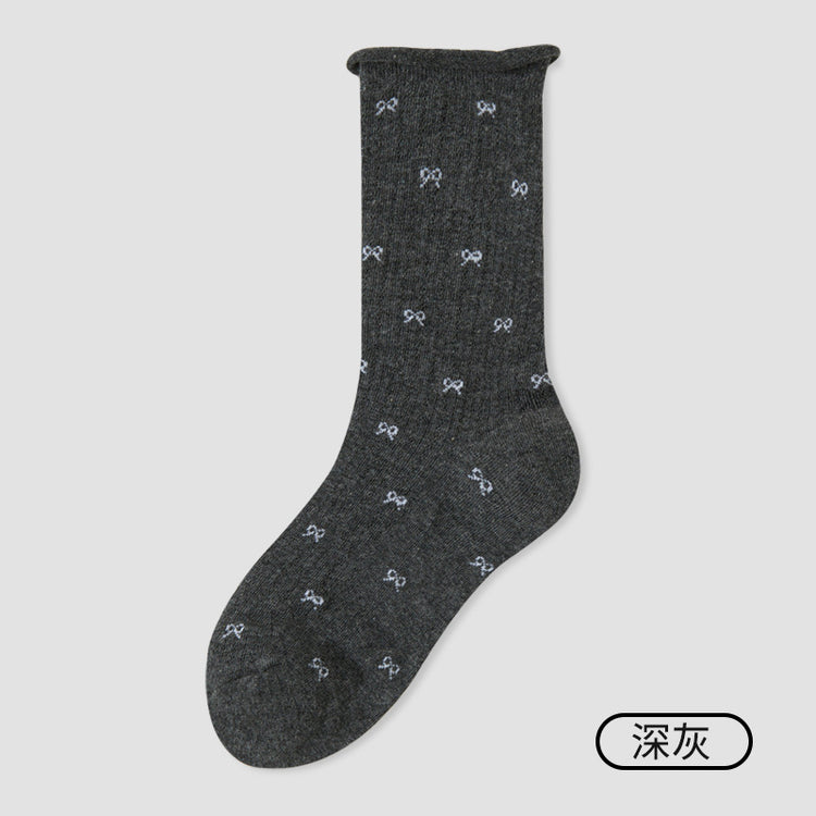 女襪｜蝴蝶結襪子女彈力卷邊網眼透氣中筒襪棉質吸汗親膚舒適襪子「JFT25822」25.07-3