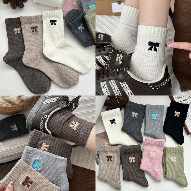 女襪｜美拉德襪子女秋冬ins潮棉質吸汗透氣中筒襪韓系蝴蝶結彈力堆堆襪「MYH24151」25.10-3