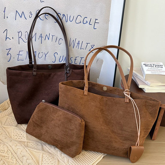 日韓流行｜秋冬復古麂皮絨大容量包包新款女式休閒棕色托特包手提單肩通勤包「4F656」25.12-2