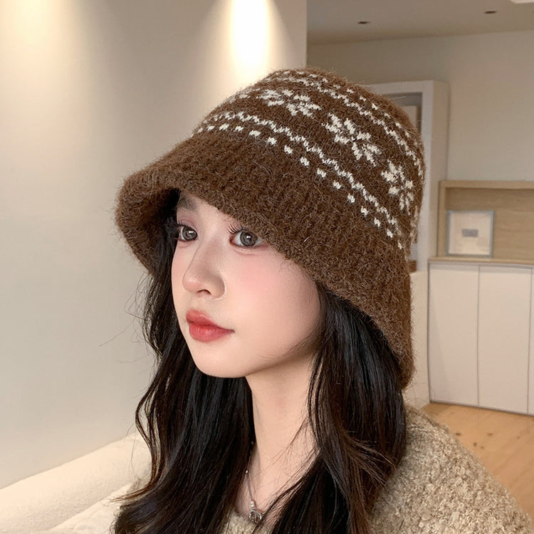 流行帽子｜秋冬日系復古漁夫帽子女雪花針織盆帽加厚保暖百搭顯臉小毛線帽潮「C5644」25.09-4