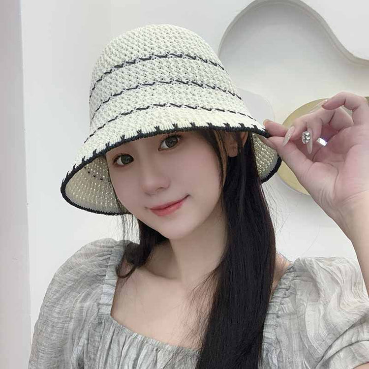 流行帽子｜夏季新款鏤空透氣帽子女編織草帽遮陽沙灘水桶帽海邊太陽帽子批發「C5038」25.05-2