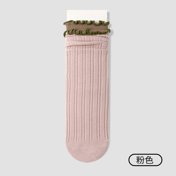 女襪｜雙木耳邊撞色襪子女棉質吸汗透氣彈力堆堆襪耐磨抗起球諸暨襪子「NY2576」25.07-2