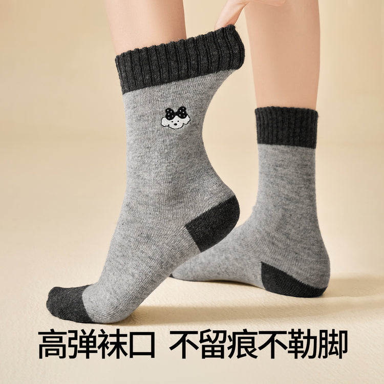 女襪｜美利奴羊毛襪子女ins潮拼色卡通刺繡中筒襪秋冬季加厚保暖堆堆襪「GO2570」25.12-2