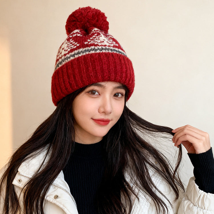 流行帽子｜2025復古費爾島風毛線帽子女冬季加厚保暖針織帽日系護耳毛球冷帽「C4775AA」25.12-1