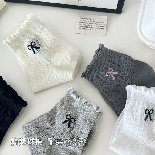 女襪｜灰色蝴蝶結襪子女彈力木耳邊網眼吸汗透氣短襪親膚舒適休閒運動襪「WB0203」25.07-2