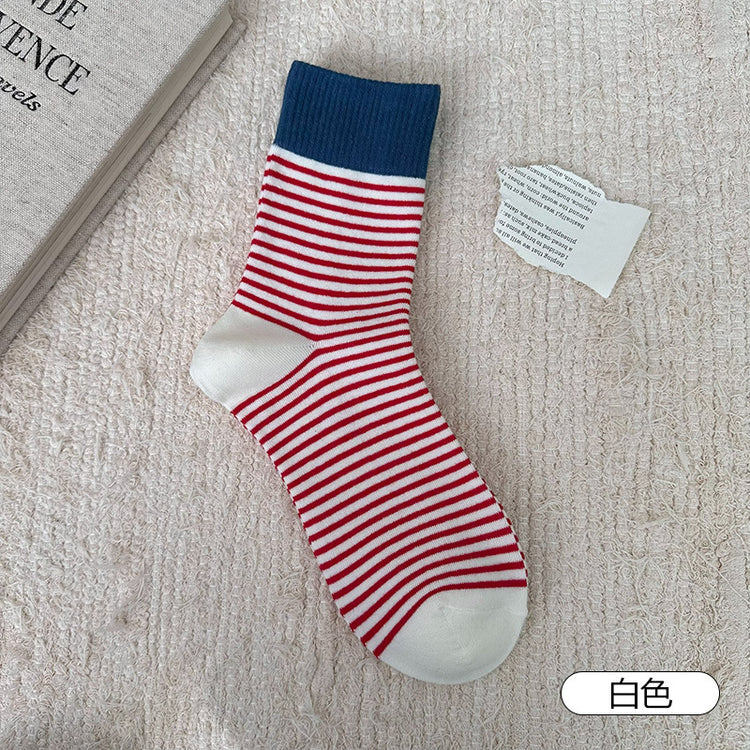 女襪｜撞色復古條紋襪子女棉質吸汗透氣彈力中筒襪親膚舒適好搭堆堆襪「B24107」25.10-3
