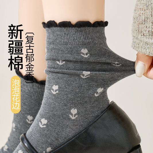 女襪｜泡泡花邊襪子女復古滿身鬱金香堆堆襪棉質吸汗透氣彈力無骨中筒襪「MK4221」25.07-2