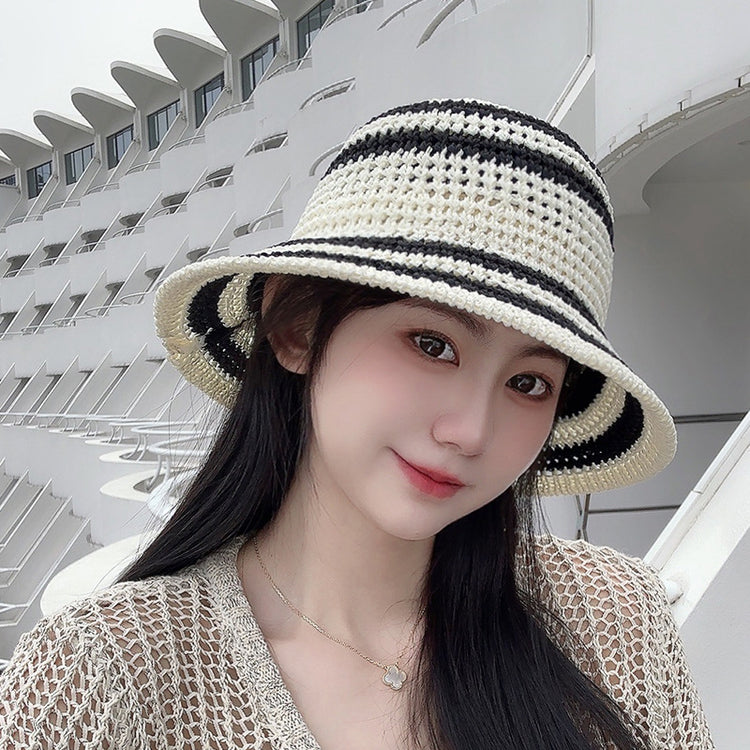 流行帽子｜夏季新款鏤空透氣帽子女編織草帽遮陽沙灘水桶帽海邊太陽帽子批發「C5038」25.05-2