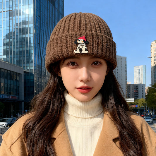 流行帽子｜韓版小狗貼布破洞帽子女秋冬季加厚保暖毛線帽可愛針織護耳包頭帽「C5756」25.11-1