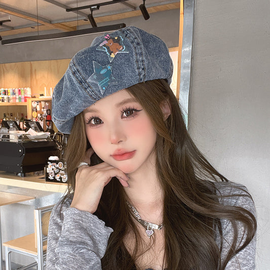 流行帽子 |  復古牛仔貝雷帽女春秋卡通小熊畫家帽小眾簡約時尚顯臉小蓓蕾帽子「C4165」24.07-5