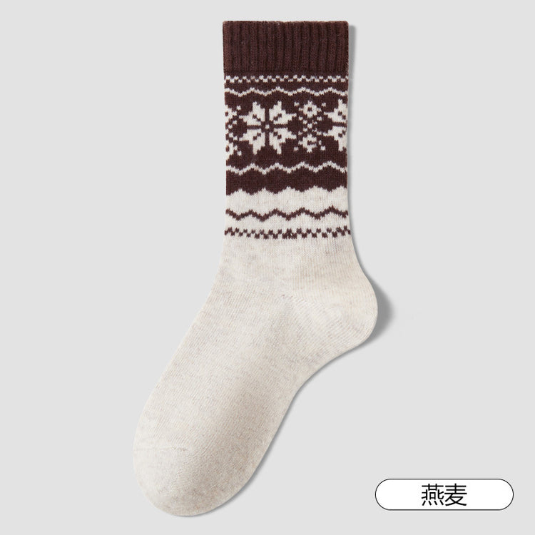女襪｜費爾島復古提花羊毛襪子女秋冬加厚保暖堆堆襪日系百搭彈力中筒襪「LM9216」25.11-4
