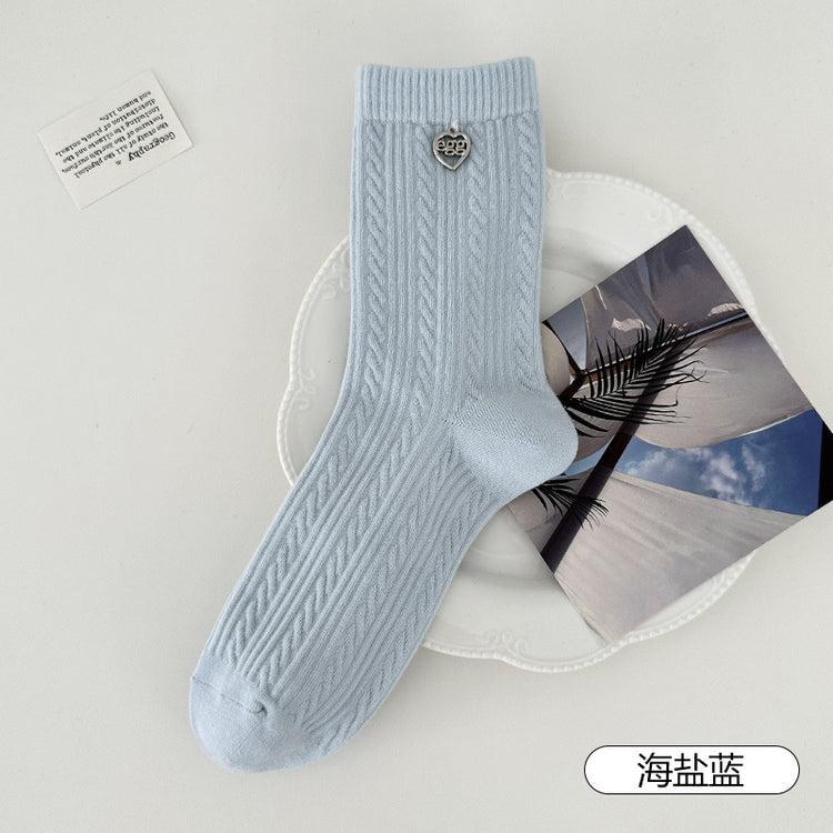 女襪｜襪子女士復古麻花紋理金屬掛飾中筒襪棉質吸汗透氣彈力堆堆襪「SM2508」25.06-1
