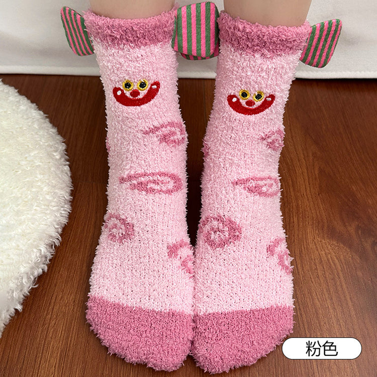 女襪｜珊瑚絨襪子女秋冬季搞怪卡通可愛中筒襪加絨加厚蓄熱保暖睡眠襪「D25865」25.11-4