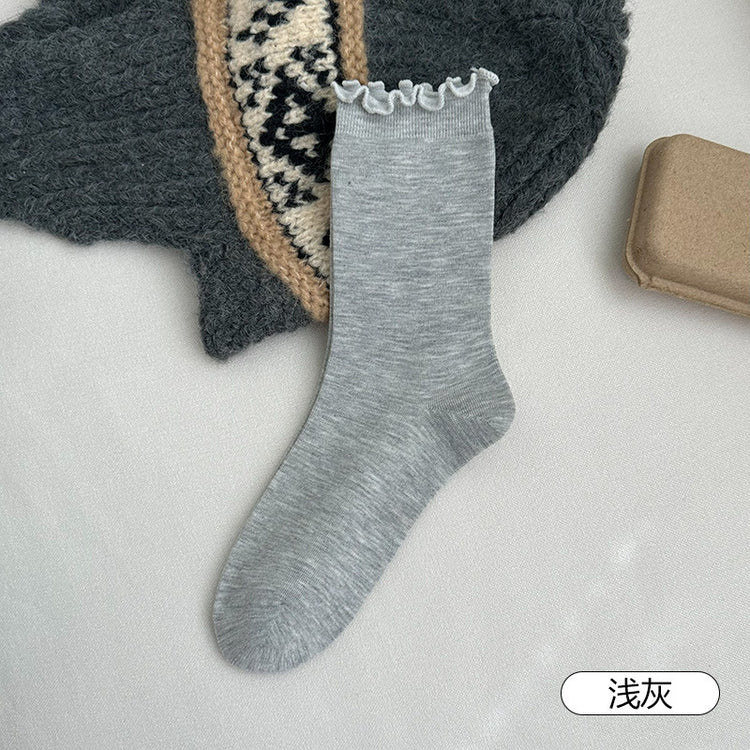 女襪｜白色堆堆襪子女美利奴羊毛木耳邊中筒襪秋冬保暖蓄熱鎖溫襪子「JX7855」25.10-4