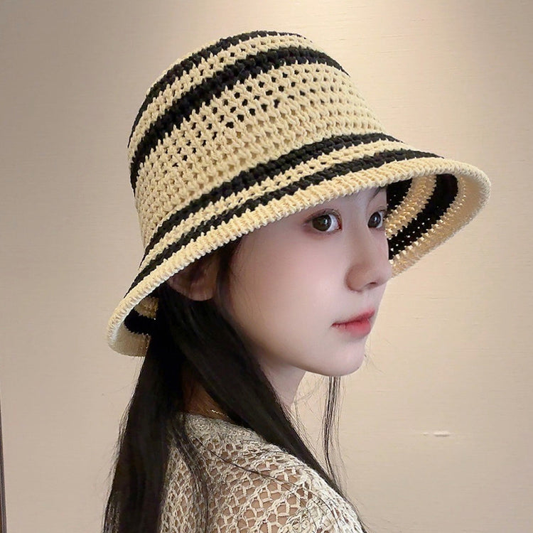 流行帽子｜夏季新款鏤空透氣帽子女編織草帽遮陽沙灘水桶帽海邊太陽帽子批發「C5038」25.05-2