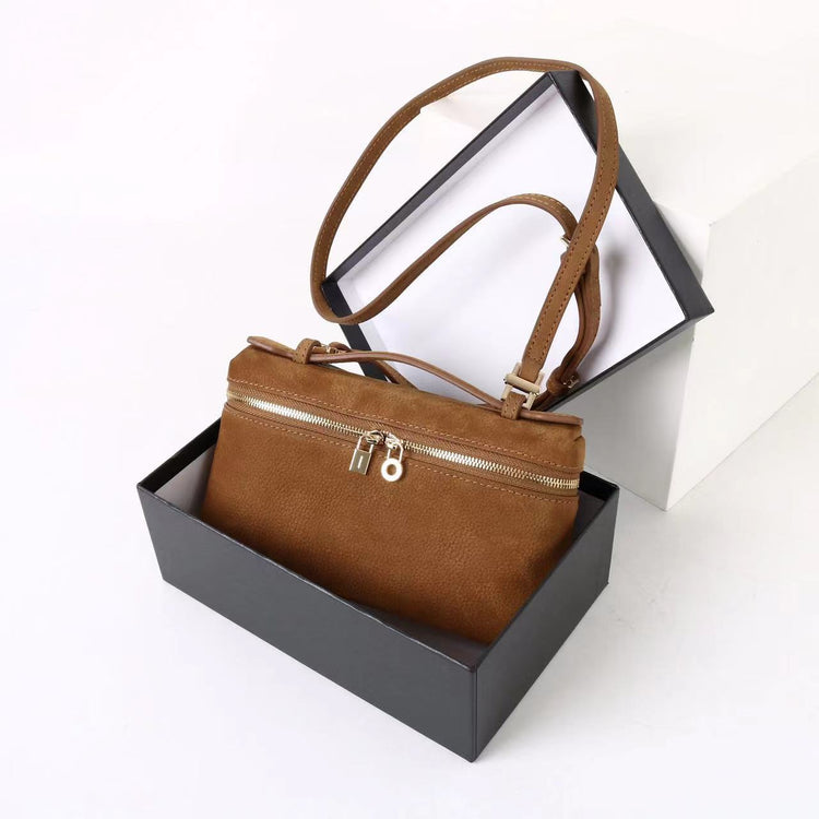 質感真皮｜2025新款百搭LP19真皮手提包磨砂麂皮絨飯盒包化妝包手拎肩斜背包「8323-1」25.10-4