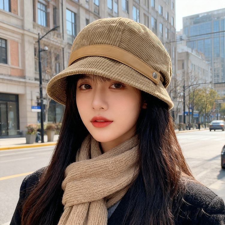 流行帽子｜秋冬燈芯絨漁夫帽子女2025新款一帽多戴禮帽休閒百搭保暖貝雷帽潮「C5636」25.09-4
