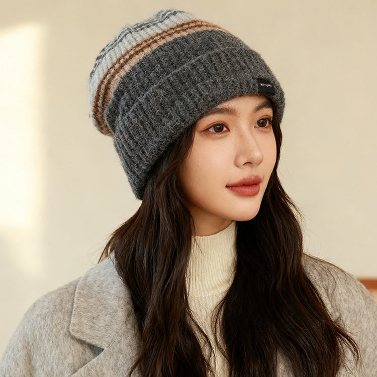 流行帽子｜韓版ins條紋拼色帽子女秋冬保暖針織毛線帽男顯臉小戶外堆堆冷帽「C5865」25.11-4