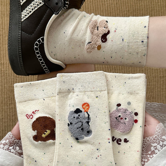 女襪｜點子紗襪子女棉質吸汗透氣彈力無骨中筒襪毛絨卡通親膚舒適堆堆襪「HC5202」25.07-5
