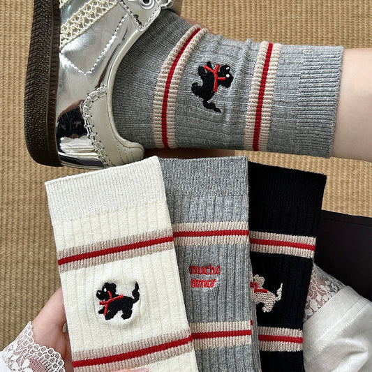 女襪｜撞色條紋襪子女卡通刺繡彈力雙針耐磨中筒襪棉質吸汗透氣堆堆襪「YM1144」25.07-4