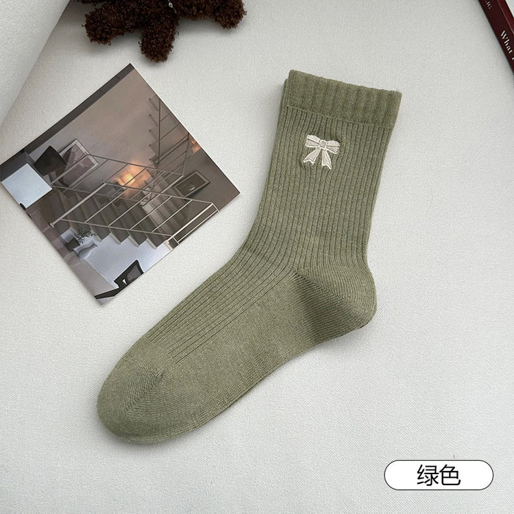 女襪｜美拉德襪子女秋冬ins潮棉質吸汗透氣中筒襪韓系蝴蝶結彈力堆堆襪「MYH24151」25.10-3
