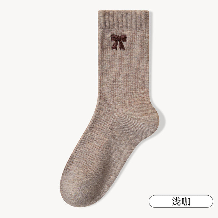 女襪｜刺繡蝴蝶結襪子女秋冬加絨加厚蓄熱保暖中筒襪親膚舒適產後月子襪「MYH24151」25.10-1