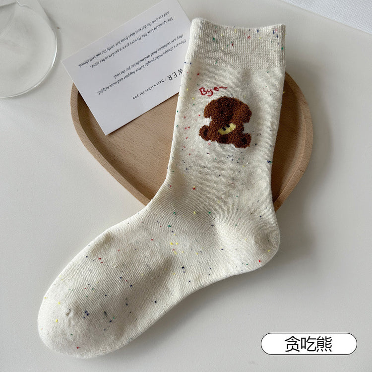 女襪｜點子紗襪子女棉質吸汗透氣彈力無骨中筒襪毛絨卡通親膚舒適堆堆襪「HC5202」25.07-5
