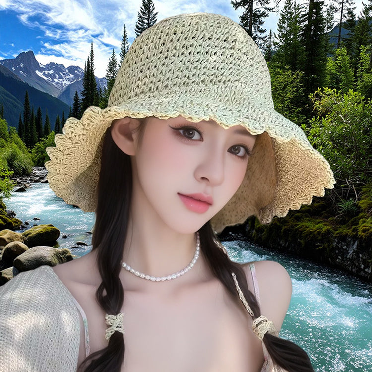 流行帽子｜手工編織鏤空草帽子女夏可折疊海邊度假遮陽防曬帽百搭大檐太陽帽「C5326」25.06-3