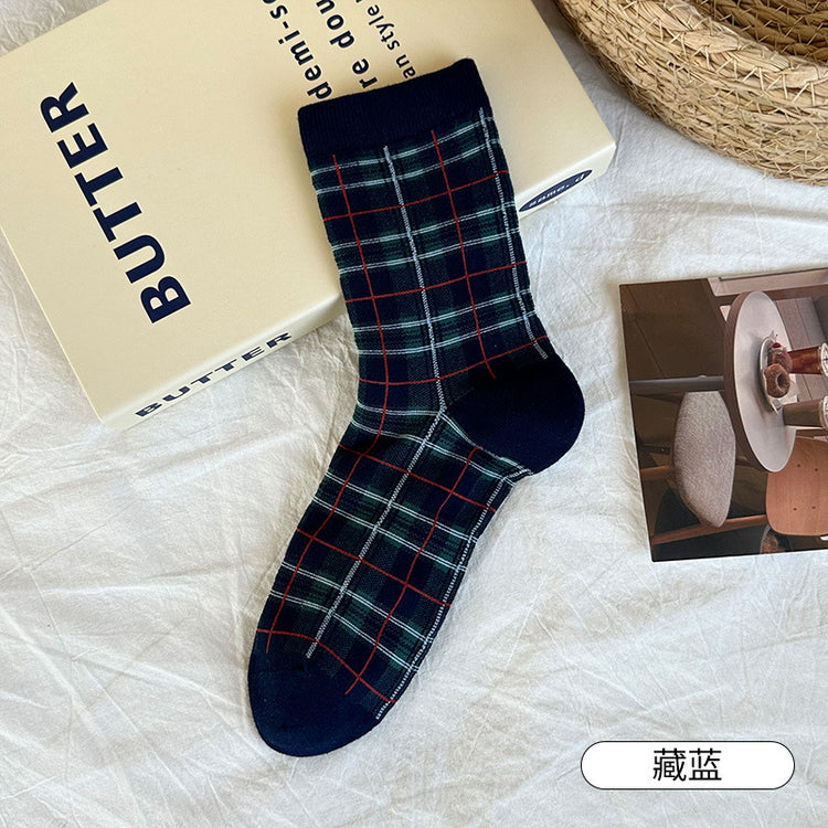 女襪｜復古格子襪子女ins潮學院風甜美百搭中筒襪棉質吸汗透氣堆堆襪「CX805」25.10-1