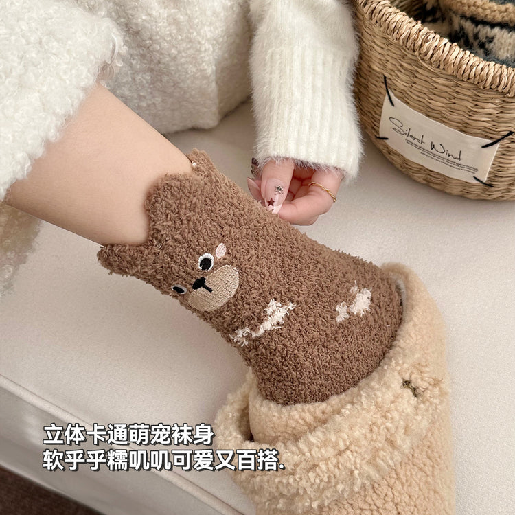 女襪｜冬季襪子女軟糯舒適居家保暖地板襪立體卡通圖案加絨加厚睡眠襪「QZ2578」25.11-2