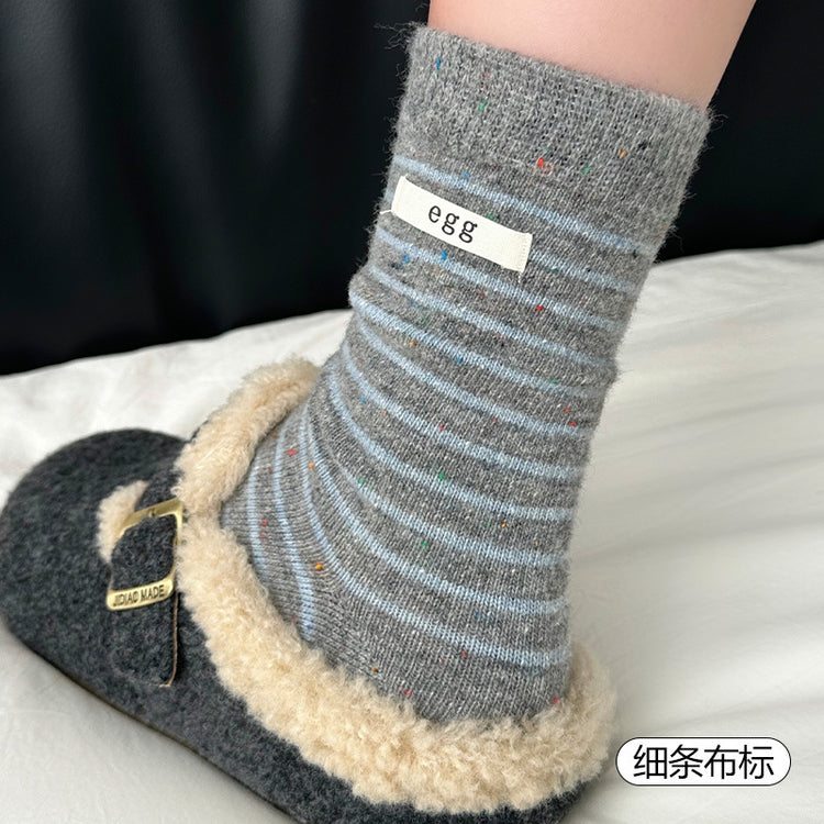 女襪｜襪子女士混搭刺繡藍灰色中筒襪冬季加厚保暖親膚舒適羊毛襪「HD25867」25.11-4