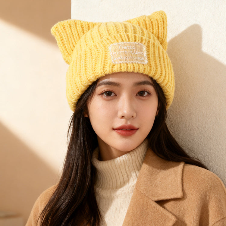 流行帽子｜新款蕾絲貼布貓耳針織帽子女秋冬保暖毛線帽時尚百搭顯臉小包頭帽「C5801」25.11-2