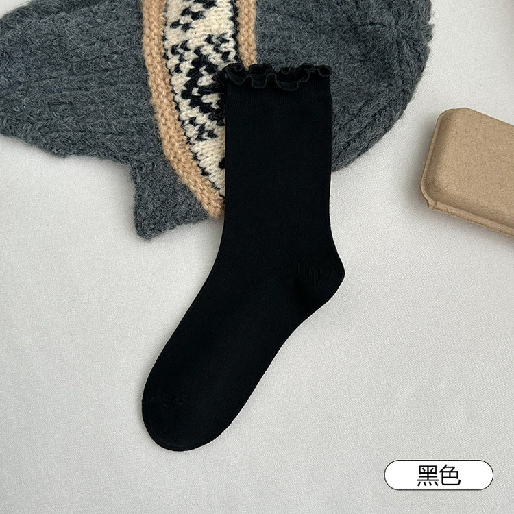 女襪｜白色堆堆襪子女美利奴羊毛木耳邊中筒襪秋冬保暖蓄熱鎖溫襪子「JX7855」25.10-4